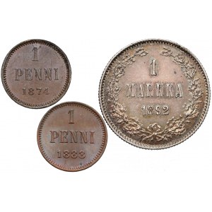 Finlandia / Rosja, 1 penni - 1 marka 1874-1892 (3szt)