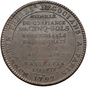 France, Medal (5 Sols) Monneron Freres 1792