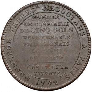 Francja, Medal (5 sols) Monneron Freres 1792 r.