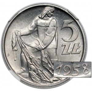 5 złotych 1958 Rybak - wąska 8 - SŁONECZKO i skrętka - RZADKIE