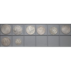 Zestaw srebrnych monet w tym Rosja, Francja, Austria ... (8szt)