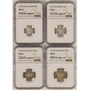 Russia, Nicholas II, 5-20 Kopecks 1913-15 - NGC MS63/64 (4pcs)