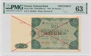 20 złotych 1947 - SPECIMEN - A 1234567 - PMG 63