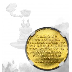 August III Sas, Drážďanský dukát 1738 - NGC UNC DETAILY - Vzácné