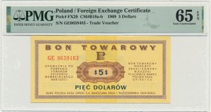 Pewex, 5 dolarów 1969 - GE - PMG 65 EPQ