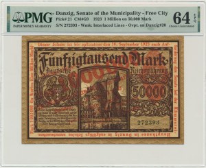 Danzig 1 miliónová marka 1923 - červená pretlač - PMG 64 EPQ - v tomto stave zriedkavé