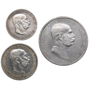 Austria 5 Corona 1908; 2 Corona 1912; 1 Corona 1915 (3) - Franz Joseph I (1848-1916)