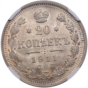 Russia 20 Kopecks 1911 СПБ-ЭБ - Nicholas II (1894-1917) - NGC MS 65