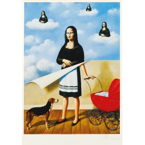 Inkografie Nr. I/XX. Rafał Olbiński (geb. 1943), Träumer (Mona Lisa mit Kinderwagen und Beagle), nach einem Gemälde von 2009.