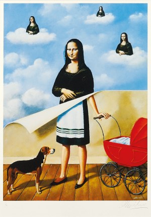 Inkografia Nr I/XX. Rafał Olbiński (ur. 1943), Dreamer (Mona Lisa z wózkiem i beaglem), wg obrazu z 2009 r.