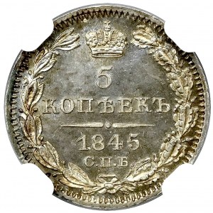 Rosja, Mikołaj I, 5 kopiejek 1845 КБ - NGC MS66+