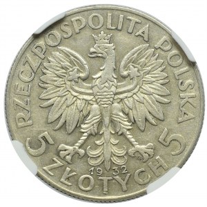 II Rzeczpospolita, 5 złotych 1932 ze znakiem - NGC AU55