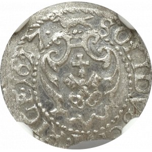 Zygmunt III Waza, Szeląg 1617 Ryga - krzyżyki i kropki w legendzie NGC MS63