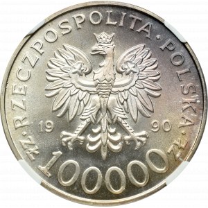 III Rzeczpospolita, 100 000 złotych 1990 Solidarność war. A - NGC MS68