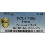 II Rzeczpospolita, 5 złotych 1936 Piłsudski - PCGS MS64