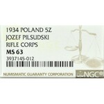 II Rzeczpospolita, 5 złotych Piłsudski Strzelecki 1934 - NGC MS63