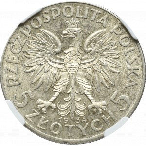 II Rzeczpospolita, 5 złotych 1934 Głowa Kobiety - NGC MS61