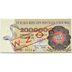 PRL, Warszawa, 200000 złotych 1989, seria A, WZÓR No 0343*, UNC