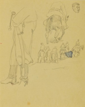 Ludwik MACIĄG (1920-2007), Szkic mężczyzn na koniach oraz nóg ułana z szablą