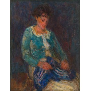 Eugeniusz Eibisch (1895 Lublin - 1987 Warschau), Porträt einer Frau vor blauem Hintergrund, 1936-37