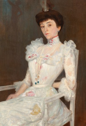 Stanisław Poraj-Pstrokoński (1871 Kalisz - 1954 ), Portret damy w białej sukni, 1899