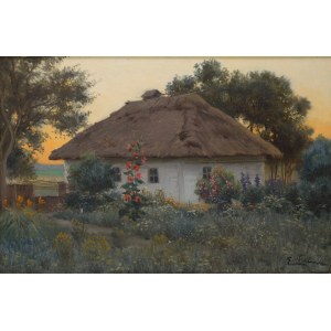 Eugeniusz Wrzeszcz (1851 gubernia kijowska - 1917 Kijów), Pejzaż z chatą o zmierzchu