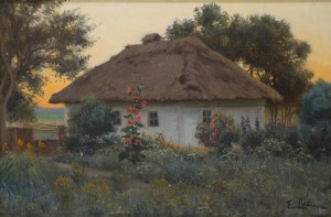 Eugeniusz Wrzeszcz (1851 gubernia kijowska - 1917 Kijów), Pejzaż z chatą o zmierzchu