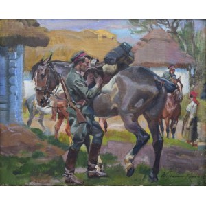 Wojciech KOSSAK (1856-1942), Legion lancer saddling his horse, 1919