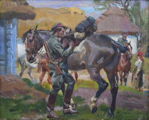 Wojciech KOSSAK (1856-1942), Ułan legionowy siodłający konia, 1919