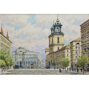 Jerzy PAWŁOWSKI (1909-1991), Varšava - Krakowskie Przedmieście - pohled na Staszicův palác a kostel Svatého Kříže