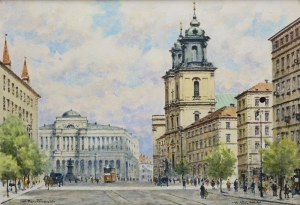 Jerzy PAWŁOWSKI (1909-1991), Warszawa - Krakowskie Przedmieście - widok na Pałac Staszica i kościół p.w. Świętego Krzyża