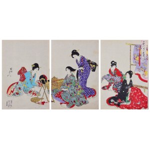 TOYOHARA CHIKANOBU (1838-1912), Aranžovanie vlasov, zo série: Chiyoda no o-oku - triptych
