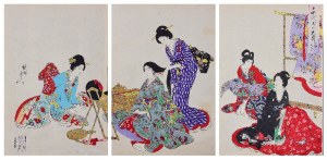 TOYOHARA CHIKANOBU (1838-1912), Układanie włosów, z cyklu: „Chiyoda no o-oku” - tryptyk