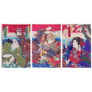 MORIKAWA CHIKASHIGE (činný asi v letech 1869-1880), Scéna ze hry kabuki Kinkanban Tateshi no Hondana - triptych