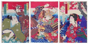MORIKAWA CHIKASHIGE (czynny ok.1869-lata 80. XIX w.), Scena ze sztuki kabuki „Kinkanban Tateshi no Hondana” - tryptyk