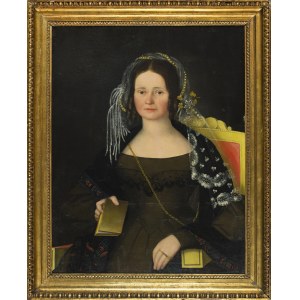 Artysta NIEZNANY, Portret kobiety w mantylii ozdobionej perłami w stylu bidermeier