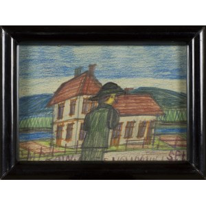 Nikifor KRYNICKI, Woman in a hat against the background of a Krynica villa