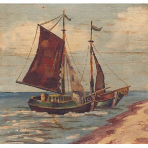 TWO FISHING BOATS AT THE BEACH, mid-20th century.