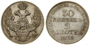 Poland, 30 kopecks = 2 zlotys, 1839 MW, Warsaw