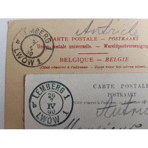 STEMPEL LWÓW LEMBERG 1900 R, ZESTAW 2 POCZTÓWEK PRZEDWOJENNYCH, BRUXELLES, BRUGES