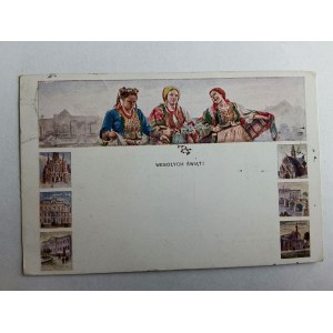 POSTCARD POLISH PAINTING WODZINOWSKI FOLK COSTUMES KRAKOW PRE-WAR 1917 STAMP BIELSKO 7 VIEWS