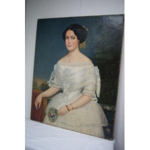 Ecole française du XIX siècle, portrait d'une jeune mariée, huile sur toile. 101 x81 cm. Légers accidents en bas de la toile.