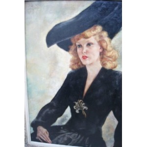 E.LANG, portrait d'une élégante dame au chapeau, huile sur toile encadrée. Signée datée en haut a gauche, 1943. 83x65cm