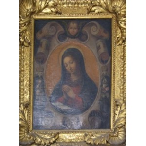 Ecole du XVIIIeme siècle, Vierge en prière, huile sur toile. Marquée Francesco Francia. 62 x 42 cm Cadre d'époque . 78 x 64 cm