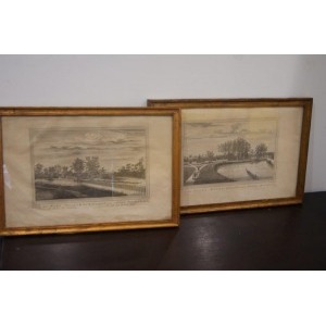 Paire de gravures du XVIIIeme siècle, figurant le fort de Nortwick (vu de Jakarta) et le poste de Ryswick . 19 x27 cm (manque un verre, tâches)