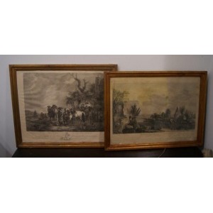 Ensemble de deux gravures 18 ème ( manque le verre) et l'autre figurant une vue des des Flandres ( taches). 30 x40 à vue