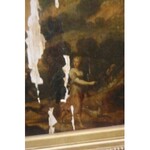 Ecole du 19eme siècle, Scène mythologique, huile sur panneau parqueté . 44X32 cm (importants manques)