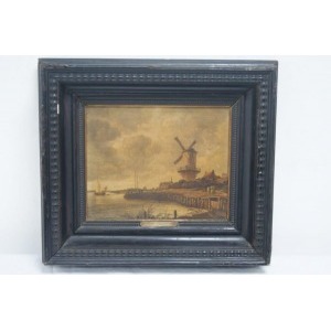D'après Van Ruysdael, Le moulin de Wick, huile sur toile 23x28 cm vers 1900. (accidents restaurés au cadre)