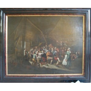 Ecole hollandaise XVIII / XIX siècle. Scène de taverne ,huile sur toile, 60x81 cm. ( rentoilé ? )