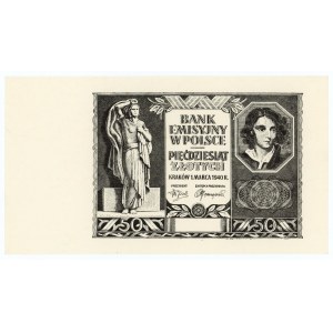 Czarnodruk awersu 50 złotych 1940 - bez serii oraz numeracji - znak wodny